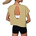 Open Back Workout Tops for Women Loose Fit Athletic Crop Tees Backless Short Sleeve Gym Running Yoga Shirts Beige
