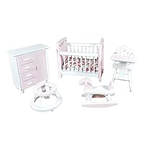 Dolls House Cottage Nursery Furniture Miniature 5 Piece Set For Baby Girl Room 1:12 Wooden Pink And White