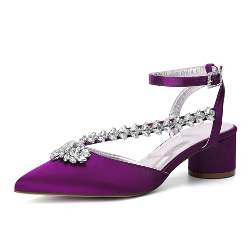 Closed Toe Low Heel Women Bridal Shoes, Pointed Toe Strappy Sandals For Women, Satin Wedding Bridal Court Shoes With Rhinestones - Main Image