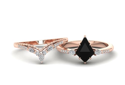 Kite Shaped Black Onyx Engagement Ring Set Rose Gold Unique Black Stone Silver Art Deco Wedding Ring for Women Vintage Bridal Promise Ring Set3