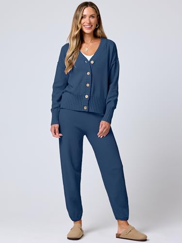 Image of ANRABESS Women 2 Piece Lounge Sets 2025 Fall Outfits Casual Waffle Knit Cardigan Sweater Pant Set Travel Airport Clothes