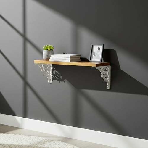 Image of Wall Shelf with Wooden Top Black|White Iron Brackets Storage Rack|Industrial Wall-Mounted Floating Shelf for Living Room,Kitchen,Bathroom (White Single Floral Large)