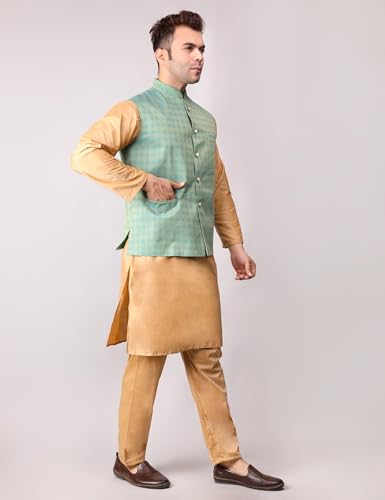 Image of Men's Cotton Silk Blend Regular Kurta Pyjama, Embroidered Nehru Jacket /Waistcoat Set