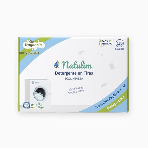 Natulim Detergente en Tiras para Lavadora (180 Lavados) - Incluye efecto Suavizante, Ecológico, Hipoalergénico, Zero Waste, Made in Spain - Ropa limpia y suave sin ensuciar el Planeta (Sin Fragancia)