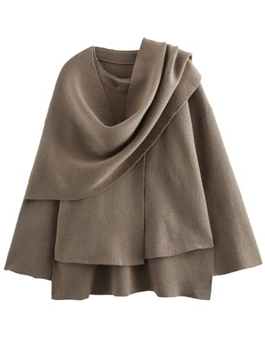 Wyeysyt Women's Crop Knit Scarf Coat High Low Long Sleeves Knit Cardigan with Undetachable Scarf