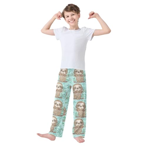 Lovely Sloth Leaf Boys Long Pants Soft Trousers Elastic Waist Kids Lounge Bottoms with Pockets S-XL2