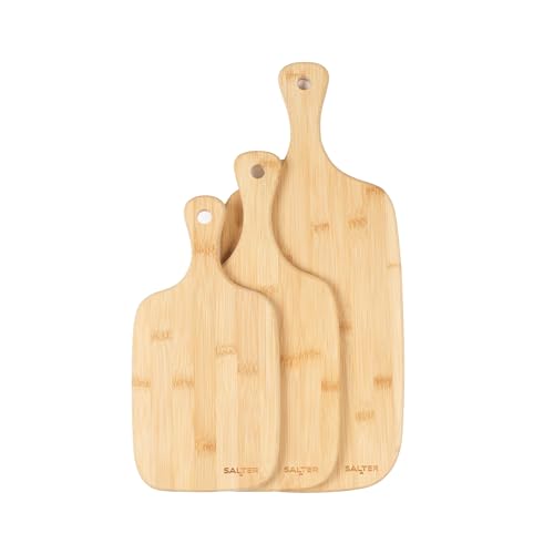 Salter Schneidebrett Set Bambus, Holz Schneidebrett 3-teilig 30/35/45cm, Bambus Schneidebrett mit Griff, Küchenbrett & Servierbrett zum Aufhängen, Holz Schneidebrett Set