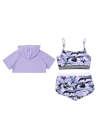 YiZYiF Kids Girls 3 Piece Dance Gymnastic Workout Outfit Short Sleeve Hooded with Crop Tank Top Shorts Sport Tracksuit4