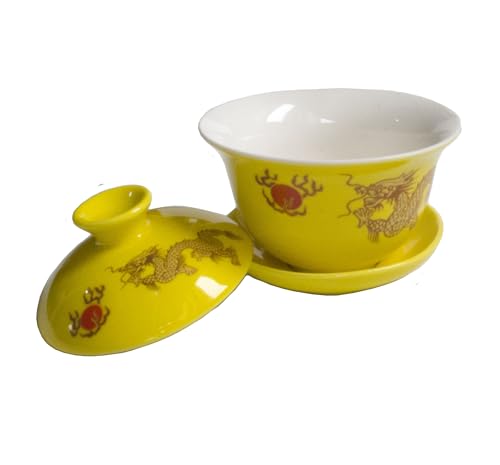 Liang baobao Dragon Gaiwan Tea Cup 4oz Porcelain Teacup Gongfu Tea Cups Tureen Chinese Sancai Cover Bowl Lid Saucer Set (Yellow Dragon)