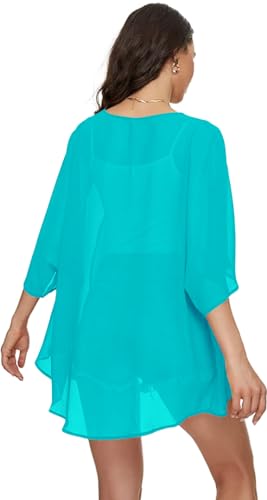 Image of Indian Trendy Women's Solid Puff Sleeve Kimono Cardigan Loose Cover Up Casual Blouse Top Chiffon