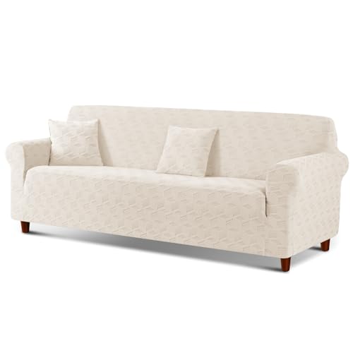 Image of TAOCOCO 4 Seater Sofa Slipcover, 1Piece Soft Fitted Oversized Couch Cover Washable Large Sofa Cover with 2PCS Throw Pillow Covers, Jacquard Furniture Protector for Pets Dog(4 Seater,Beige)