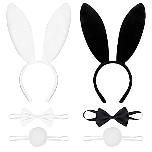 2 Conjuntos Disfraz Conejo Diadema Orejas Conejo Bunny Ears + Pajarita Cola de Felpa Accesorios de Disfraz Bunny Mujer Niña Adulto para Fiesta Pascua Carnaval Cosplay Blanco + Negro, 6pcs Cover
