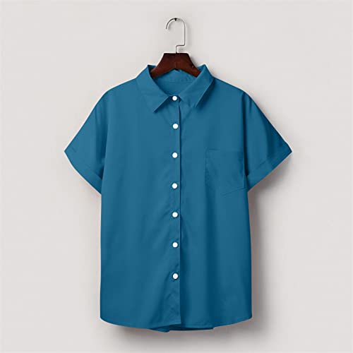 Dasayo Plus Tops For Women Plus Size Women Blouses And Tops Solid Color Short Sleeve Button Down Dressy Western Shirts For Women Blue L #TOP3
