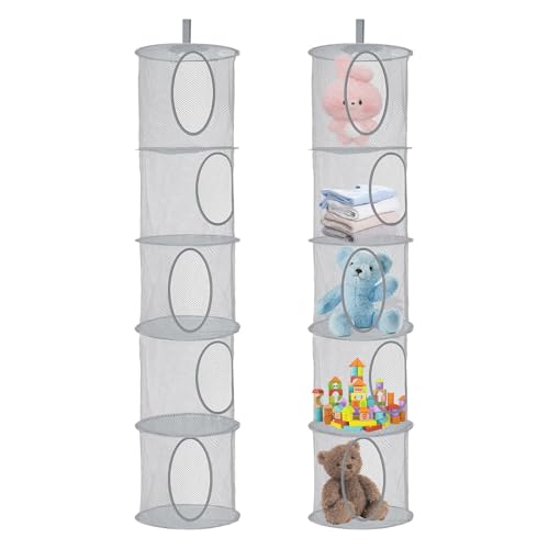 Hängeaufbewahrung 2 Stück Faltbare Hängeaufbewahrung Organizer 5 Fächer Hängeregal Mesh Hängende Netz-Aufbewahrungstasche Kuscheltier Aufbewahrung Hängend Korb für Kinderzimmer Balkon(Grau)