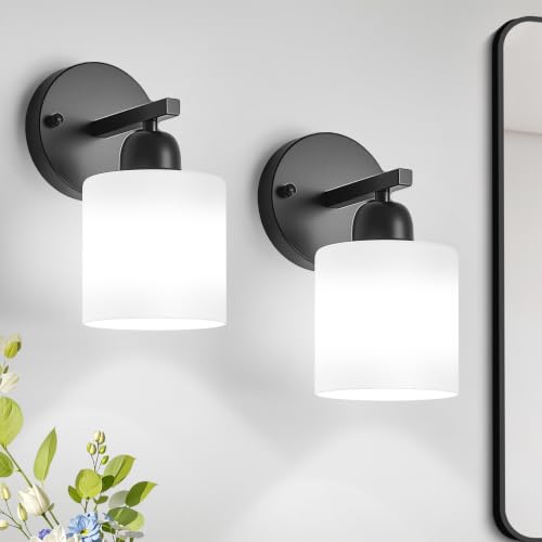 Image of 2PCS Light Black Bathroom Light Fixture, Modern Bathroom Lights with Milky White Frosted Glass Shades for Mirror Living Room Bedroom Hallway E26 Base