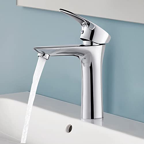 BONADE Waschtischarmatur für Bad Einhebel Mischbatterie mit Mittelhoch Auslauf Badarmatur Wasserhahn Waschtisch Waschbecken Waschtischbatterie aus Messing Verchromt