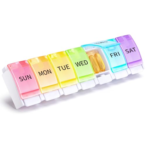 Opret Pill Organiser 7 Day, Weekly Pill Box 1 Times a Day, Push Button Pop Open Design Travel Tablet Organiser with 7 Large Compartments, BPA Free for Vitamins Supplements Medication