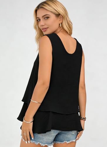 Image of Summer Tops for Women Flowy Chiffon Sleeveless Blouses White Tank Top Woman Ladies Crewneck Double Layers Strap Shirt