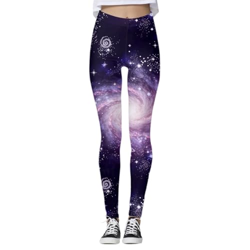 Fashion Carnival 2026 Leggings casuales con estampado de estrellas galaxias – Pantalones de entrenamiento de corte alto para correr fitness, Color lila claro., XXL