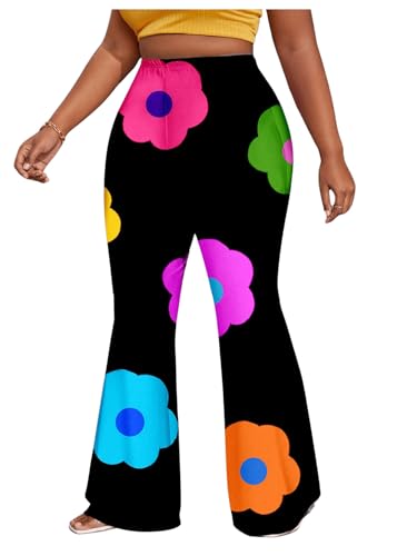 OYOANGLE Women's Plus Size Floral Print Elastic High Waist Flared Leg Pants Skinny Bell Bottom Trousers Black 1XL