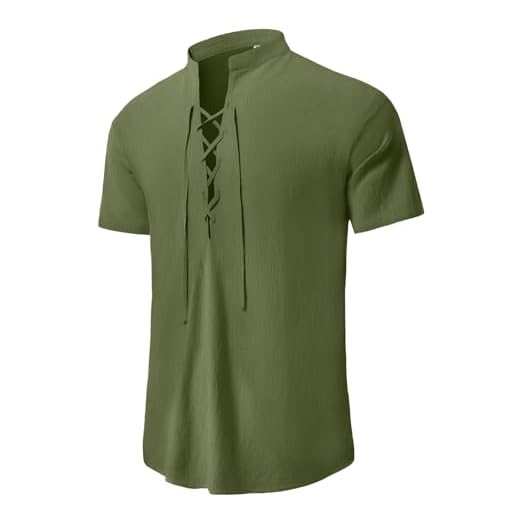 KUYIGO Men's Casual Cotton Linen Short Sleeve Tee Shirt Medieval Pirate Renaissance Henley Shirts Lace Up Beach Hippie Viking Tops Army Green, X-Large
