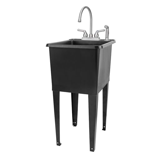 Image of Black Space Saver Utility Sink by JS Jackson Supplies, Freestanding Tehila Space Saving Laundry Tub, Stainless Steel Gooseneck Faucet with Side Sprayer