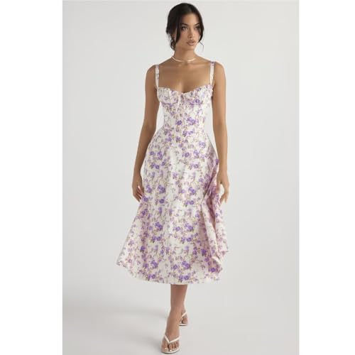 Image of Floral Corset Midi Dress Square Neck A Line Dress with Slit | Square neck floral midi dress with front tie bust wide straps A-line skirt side slit and lightweight fabric