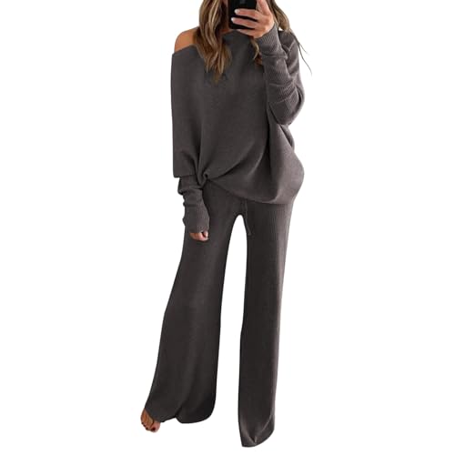 Conjunto de punto mujer de manga murciélago y pantalón de pierna ancha monocolor