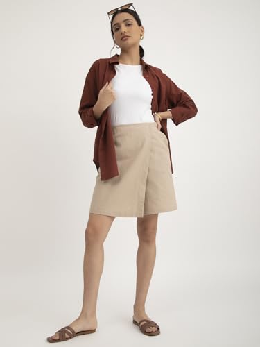 Image of FableStreet Women Skort Casual Wear | Overlapping Panel Design with Mid-Rise Fit & Open Pockets | Cotton Linen Woven Fabric for Everyday Comfort & Minimalist Style