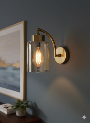 Image of Rustic Wall Mounted Lamp | Golden Arm and Luster Glass Shade | Vintage Decorative Wall Sconce for Living Room, Hallway & Bedroom (Pack of 1)