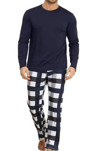 KUYIGO 2 Piece Pajamas Set for Men Plaid Sleepwear Loungewear Relaxed Fit Nightwear PJ Sets Navy 2XL
