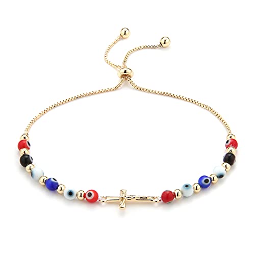 HZMAN Evil Eye Bracelet for Women Men 14K Gold Plated Jesus Crucifix Cross Retro Evil Eye Beads Luck Protection Stretch Bracelet Jewelry Gift