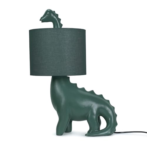 ValueLights | Kids Green Dinosaur Table Lamp with Drum Fabric Shade | Home Décor Bedside & Desk Lamp | Includes Bulb [3000K Warm White]
