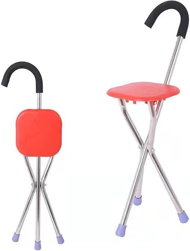 ステッキチェア 折りたたみ式 椅子になる杖椅子付き ステッキ 杖、折りたたみステッキ 高齢者適用 軽量 コンパクト椅子 歩行補助杖 ステッキ 杖椅子 三脚杖 携帯便利 ゴルフ観戦 行釣り 敬老の日 旅行 行列 運動会 (レッド)