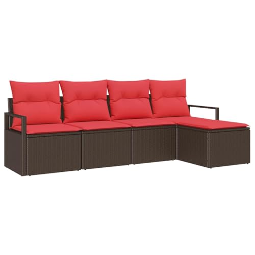 vidaXL Juego de Sofá con cojín 5 pcs Marrón y Rojo ratán sintético, Sofá Moderno para jardín y terraza, de Rattan, Resistente al Clima, diseño Modular, con Compartimentos de Almacenamiento