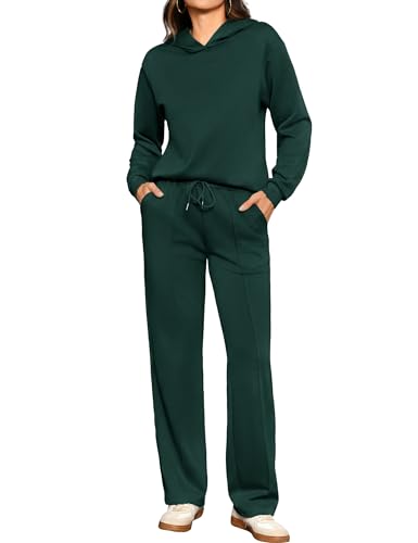 Totatuit Conjunto chándal mujer sudadera hoodie pantalón de pierna ancha con cordón look moderno versátil Verde Oscuro，S