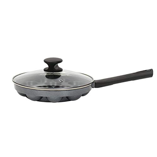Satre Online and Marketing Black and Silver Non Stick Aluminium Long Handle 12 Pits Appam Pan with Transparent Glass Lid - Image 3