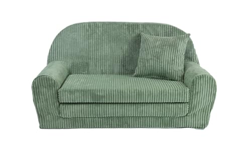 FORTISLINE - Kindersofa Rosalia Mini - Ausklappbares Mini-Sofa aus Cord mit Verlängerung - Schlafcouch 78 x 45 x 40 cm - Kinder Sitzsofa Oeko-TEX Zertifiziert - inkl. Kissen - in 7 Farben - Hellgrün