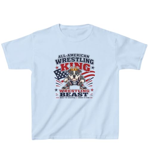 All American Wrestling Shirt Kids, Patriotic Bulldog Wrestler Tee, Wrestling Beast Youth Boys T-Shirt USA Colors (US, Alpha, Medium, Regular, Light Blue)