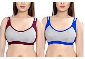 Image of STXXOR G-2.2 Maroon /Blue Sprts Full Coverage Non Padded Wire Free Bra Yoga Gym Stretch Workout Seamless Cotton Bra for Women & Girls (Pack-2)