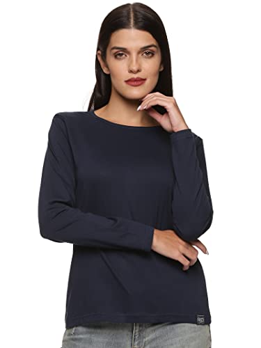 RSO Outfits Womens Plain Cotton Regular Fit Full Sleeves Round Neck T-Shirt (Navy Blue XXL)