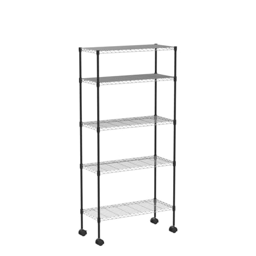 30" L×14" W×60" H Wire Shelving Unit Metal Shelf with 5 Tier Casters Adjustable Layer Rack Strong Steel for Restaurant Garage Pantry Kitchen Garage，Black