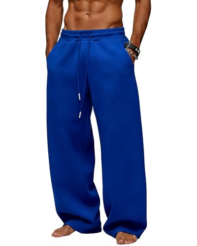 Image of Men's Baggy Sweatpants Wide Leg Fleece Lounge Joggers with Deep Pockets | Soft 65% poly 35% cotton stretch blend, outer drawstring, open bottom, relaxed fit for gym, travel, errands and daily wear
