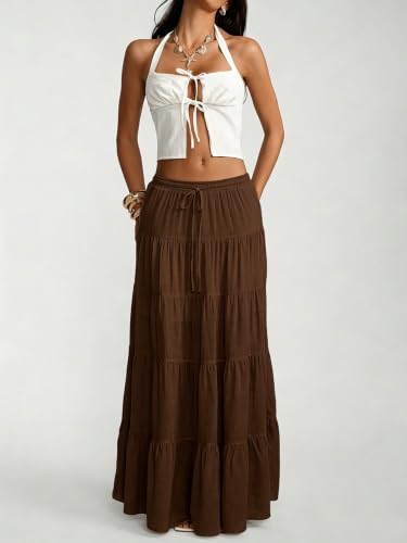 Image of Women's Boho Maxi Skirt Ruffle Flowy Low Rise A Line Beach Long Skirts | Flared Ruffle, Elastic Waist, Summer Vacation Skirts