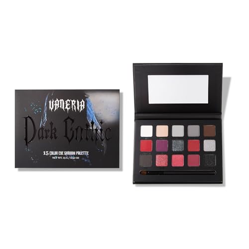 vaneria Paleta de Sombras de Ojos 15 Colores Ahumados,Sombras Negras y Grises con Estilo Gótico,Incluye Matte,Brillo y Metálicos,Larga Duración e Impermeable,Ideal para Halloween y Fiestas(Goth Red)