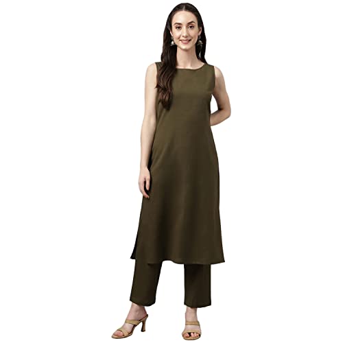 Image of FIORRA Women's Olive Green Rayon Straight Kurta with Pant