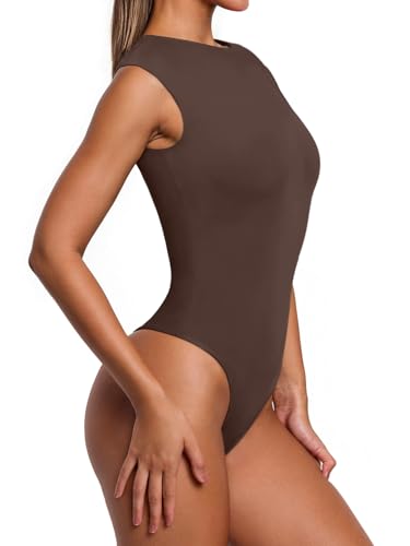 PINKMSTYLE Crew Neck Tank Top Sleeveless Bodysuit for Women Tummy Control Shapewear Thong Bodysuit Tops Dark Brown XX-Large — view 5