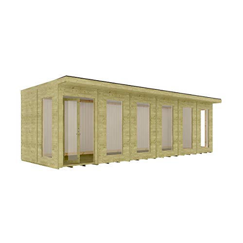 24 x 10 Garden Room Home Office Pressure Treated Pent Roof Clubhouse Bi-Fold Doors with Opening Windows 7.31m x 3m