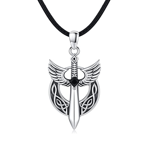 Waysles Collar de espada para hombre de plata de ley 925, nudo celta, espada con colgante de espada de ángel de la guarda con circonitas negras, retro, gótica, joya regalo para hombres, amigos