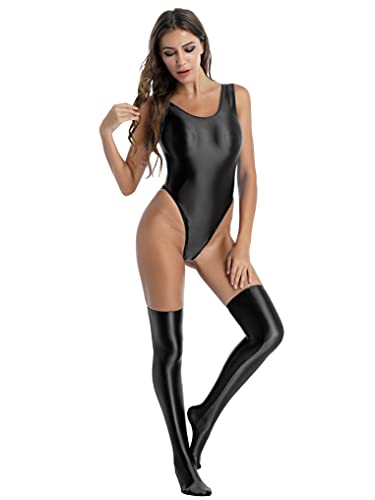 Women's Glossy One Piece Bodysuit Swimsuit High Cut Swimming Leotard with 1 Pair Socking3